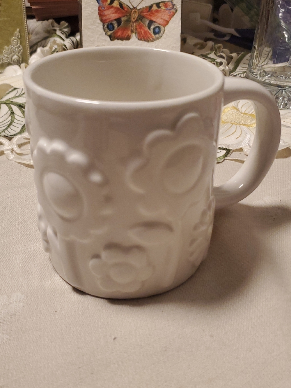 White Embossed Floral Ceramic Mug